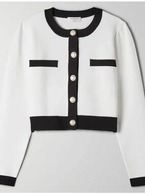 Aritzia White Cropped Cardigan with Black Trim & Pearl Buttons